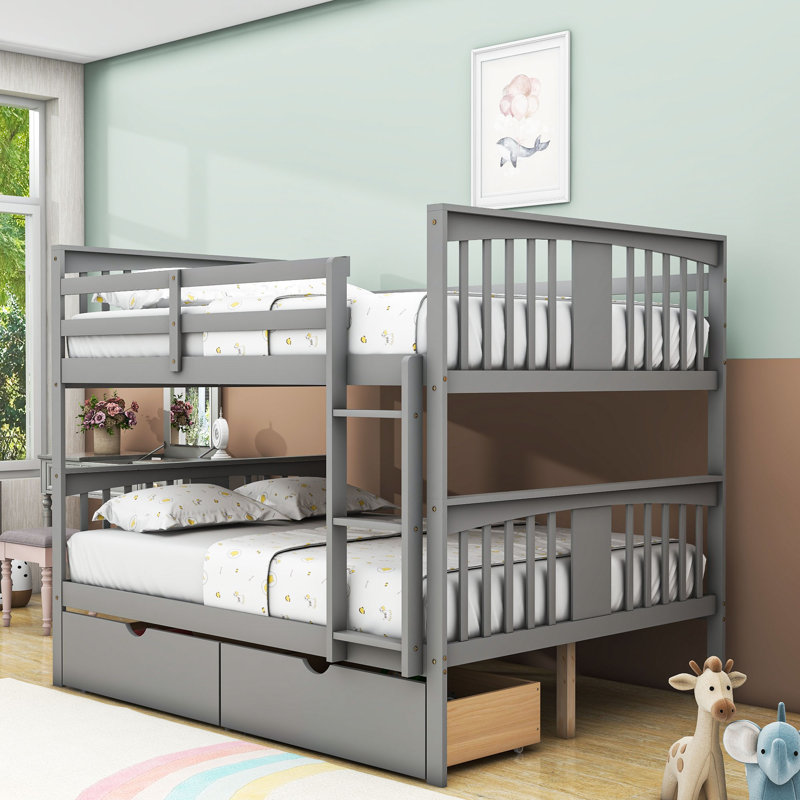 Full-Over-Full Bunk Bed With Under-Bed Storage Drawers And Guardrails, Gray
