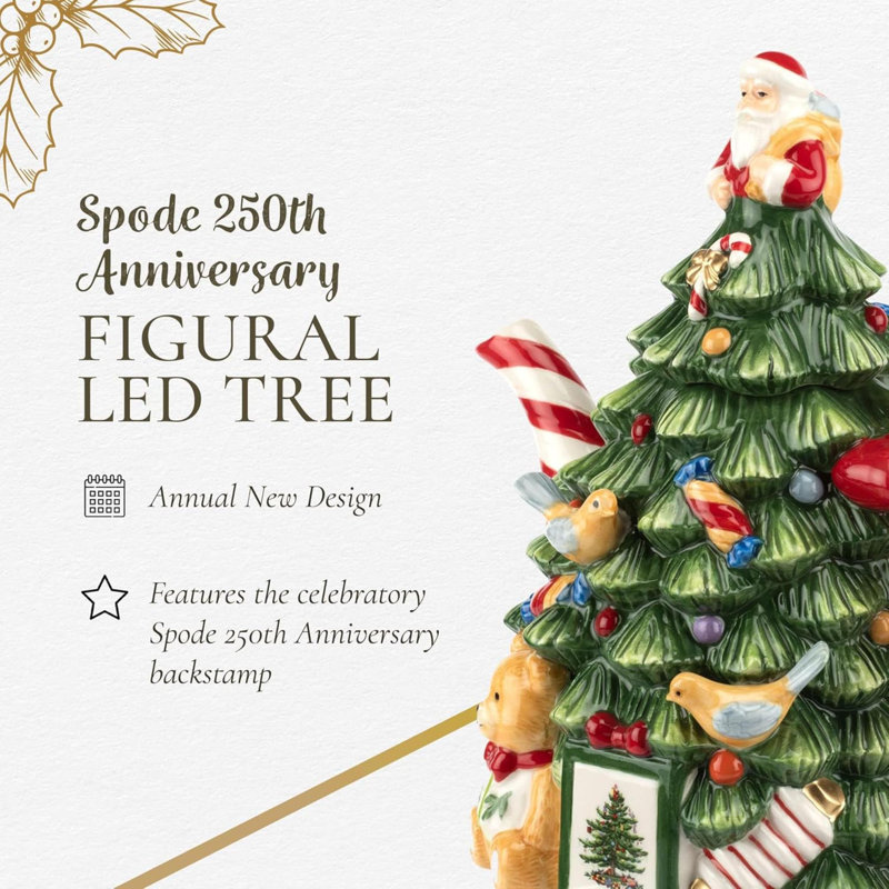 Théière figurative de sapin de Noël - théière festive de Noël avec des accents de gui, bec rayé menthe poivrée et poignée de ruban - théière décorative Dolomite pour les fêtes de fin d'année