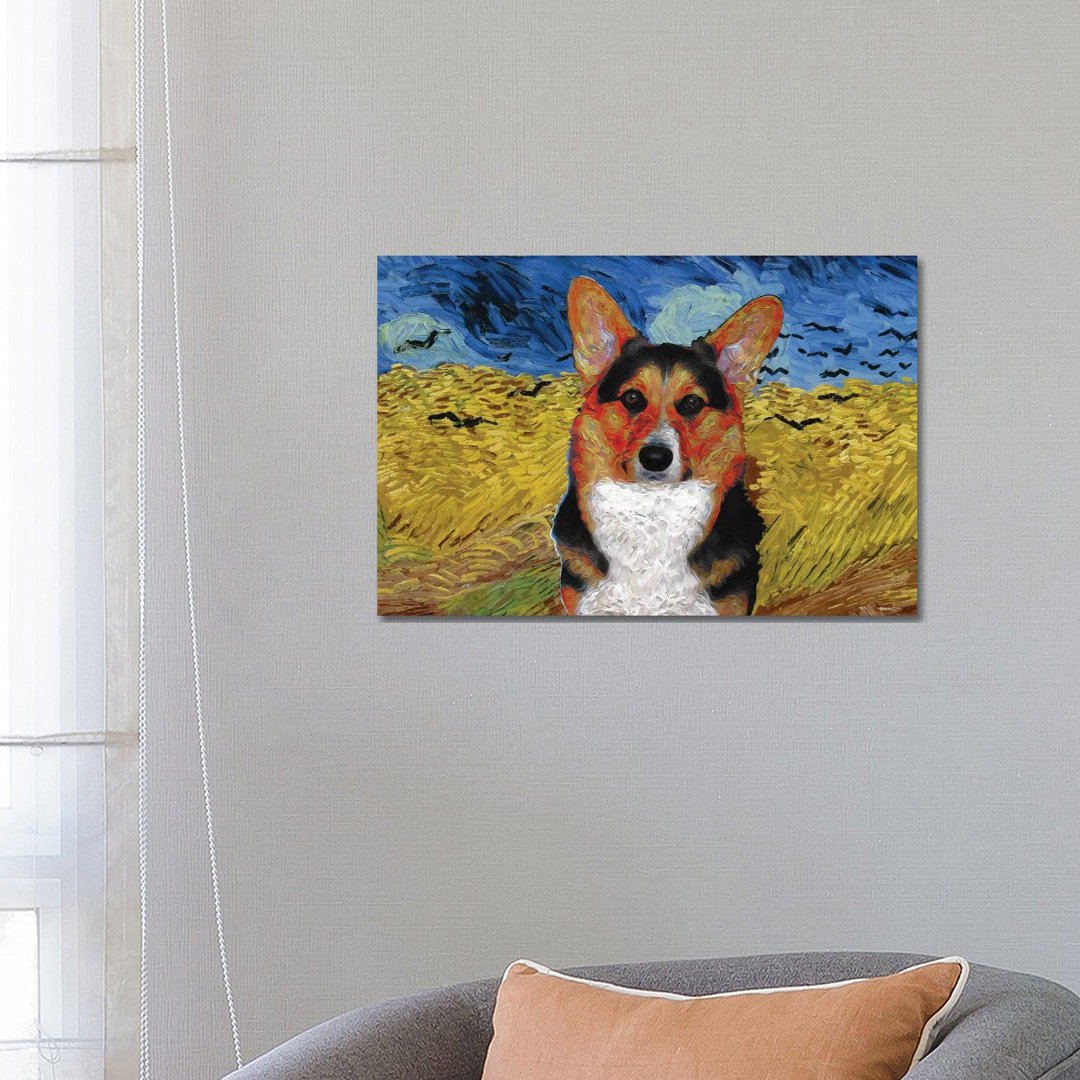 Pembroke Welsh Corgi Wheatfield with Crows - Wrapped Canvas Painting