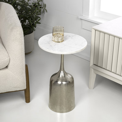 Pip 20.25" Metal Drink Table and Decorative End Table with White Marble Round Top and Bell Pedestal Base