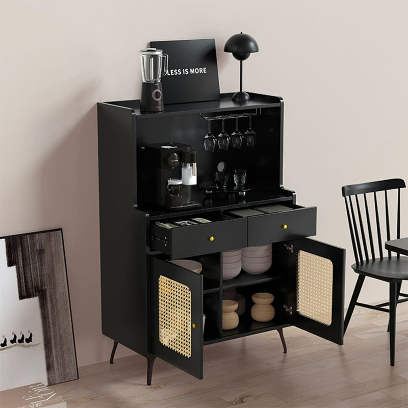 Buffet en bois manufacturé noir + rotin, H 47,24 po x l 29,53 po x P 15,75 po, Noir/naturel