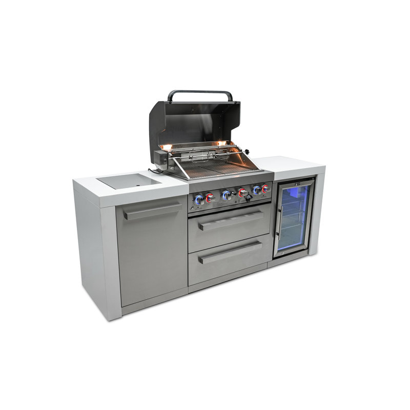 Mont Alpi 4-Burner Deluxe Stainless Steel Outdoor Island Barbecue Grill with Compact Refrigerator