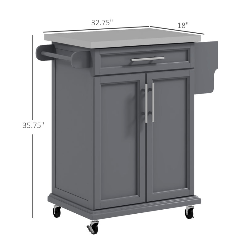 33" Rolling Kitchen Cart With Stainless Steel Countertop And Drawer, Grey