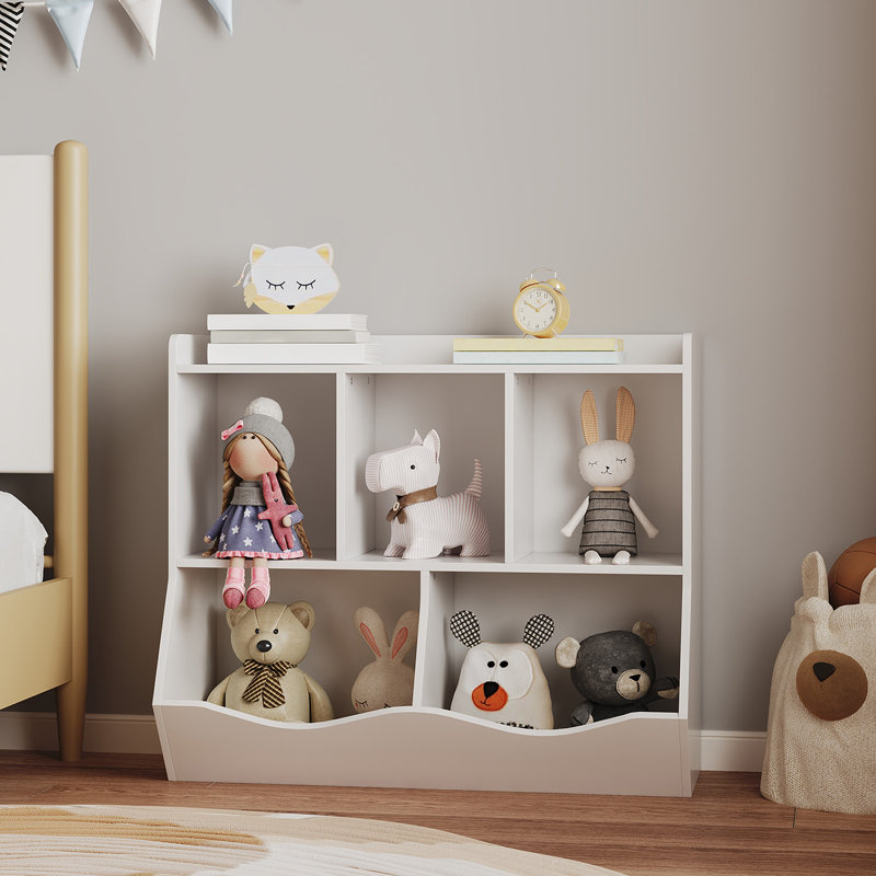 3-Tier Wooden Toy Storage Organizer & Kids Bookshelf - 5-Section Book Rack Daycare Furniture,  Toddler Toy Cabinet for Kindergarten, Nursery, Playroom or Bedroom (36"L x 11.4"W x 31.5"H) - White