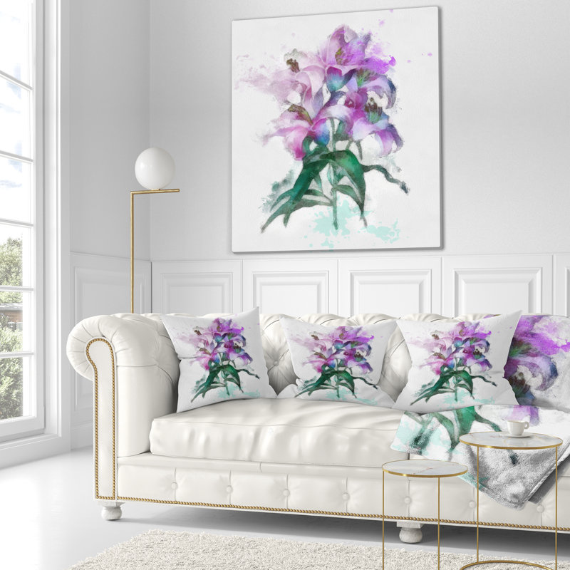 Dessin de lys mauves - coussin à imprimé floral, 16 po x 1 po, Coussin décoratif