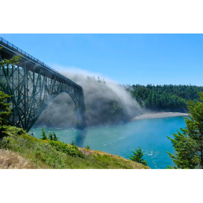 Scenic View Of Deception Pass Bridge In Fog by Marina Poushkina - Wrapped Canvas Print