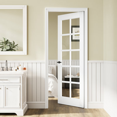 Porte de dalle en verre transparent 10-Lite, dalle de porte intérieure en verre trempé fritté en céramique, apprêt blanc / préfini blanc, porte française à noyau solide, porte de garde-manger, porte de placard