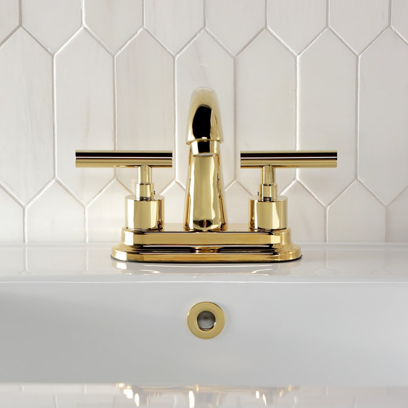 Kingston Brass Manhattan Two-Handle 3-Hole Deck Mount 4" Centerset Bathroom Faucet with Brass Pop-Up, Polished Brass