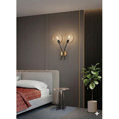 2-Light Black And Golden Bronze Metal Wall Sconce