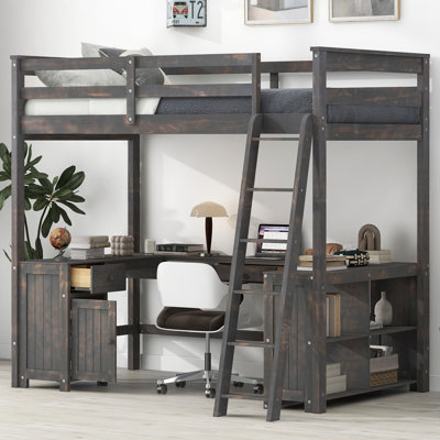 Antique Brown Full Loft Bed with U-Shaped Desk, Storage Drawers and Shelves for Teens