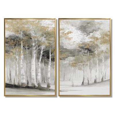 «Autumn Forest Birch Trees In Canada - Birch Wall Art, Gray Nature», reproduction sur toile 2 pièces
