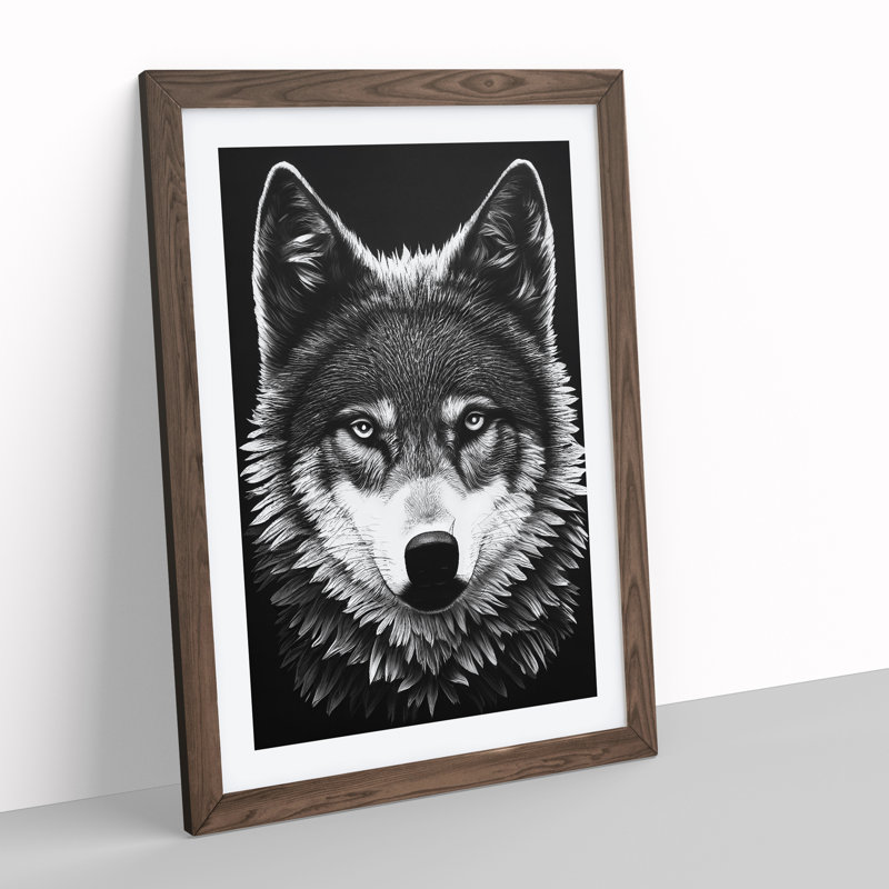 Monochrome Wolf No.5 - Wall Art, 46cm H x 34cm W x 2cm D, Walnut Framed