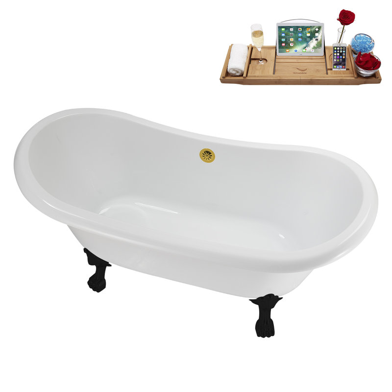59" Streamline Clawfoot Tub,Tray,Drain, Clawfeet, Matte Black, Polished Gold