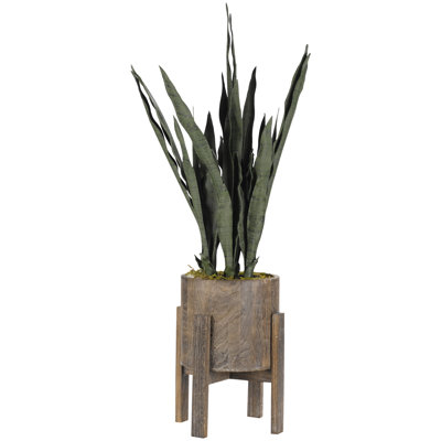 Faux Plant in Solid Wood Planter