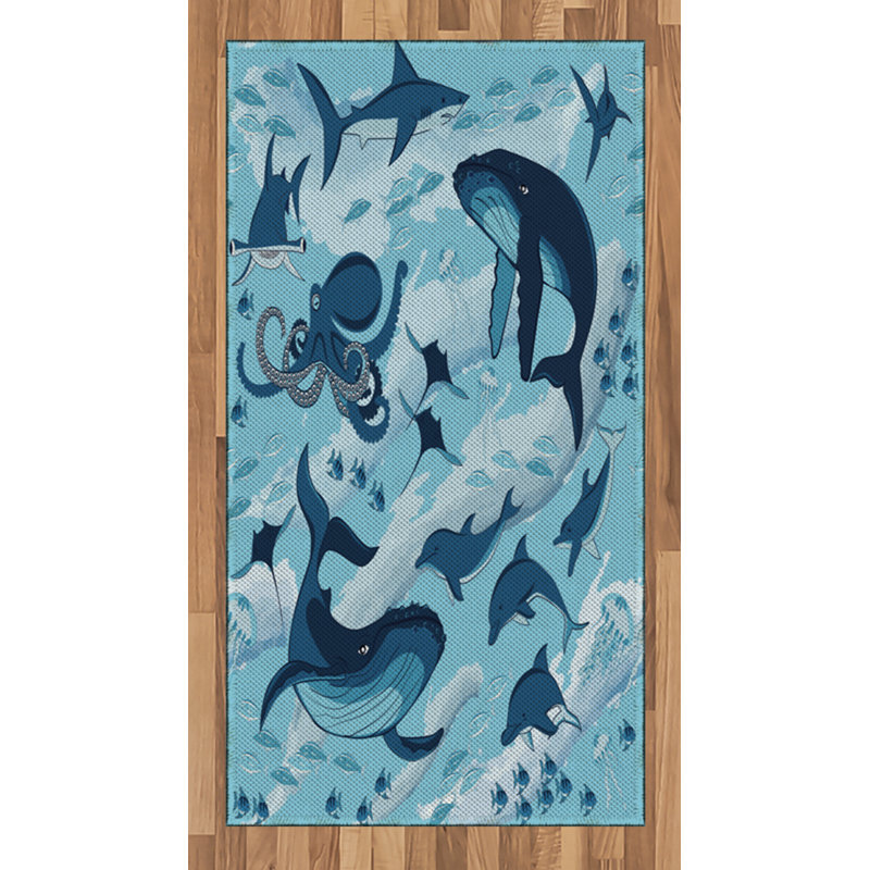 Tapis décoratif à fibres longues haute densité en polyester et coton de couleur bleue à motif de requins