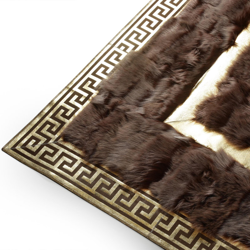 Tapis toscan en cuir brun avec une bordure élégante, Rectangulaire 8 pi x 10 pi