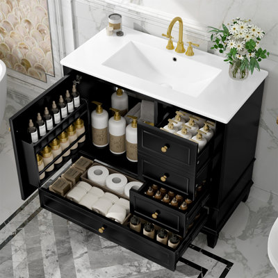 36" Bathroom Vanity With Ceramic Sink, MDF & Solid Wood Base, 3 Drawers & Cabinet With Shelves Painted Finish, Freestanding Vanity Cabinet With 4-Inch Faucet Holes
