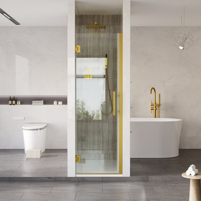 23-24 in.W x 72 in.H Hinged Frameless Shower Door with SGCC certified Tempered Glass,Brushed Gold, Brushed Gold