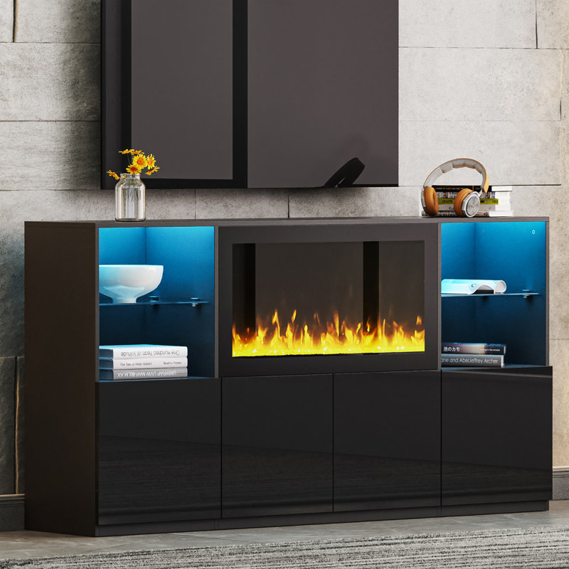 Meuble télé ultrabrillant avec foyer électrique non chauffant, centre de divertissement moderne avec lumière DEL, Noir, Oui