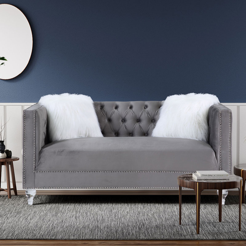 Causeuse Addiel avec 2 coussins en velours gris, Velours gris velours