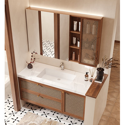 Meuble-lavabo Mid-Century en chêne avec plateau en pierre frittée et portes en rotin