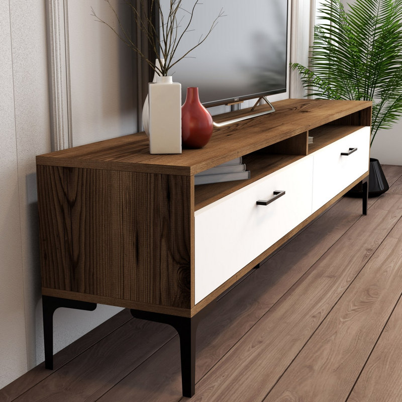 Meuble télé moderne, noyer et blanc, 70,9 po x 13,8 po x 27,6 po | 100% panneau de particules enduit de mélamine, épaisseur: 0,7 pouce | Design élégant et fonctionnel, parfait pour le salon et les espaces de divertissement