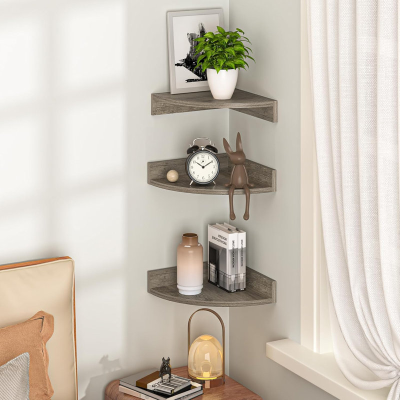 Floating Corner Shelves Wall Mount, Wood Corner Wall Shelf Set For Bedroom Bathroom Kitchen Living Room Office, Rustic Decor With Cable Hole, Sturdy Particle Board Construction, Easy Installation