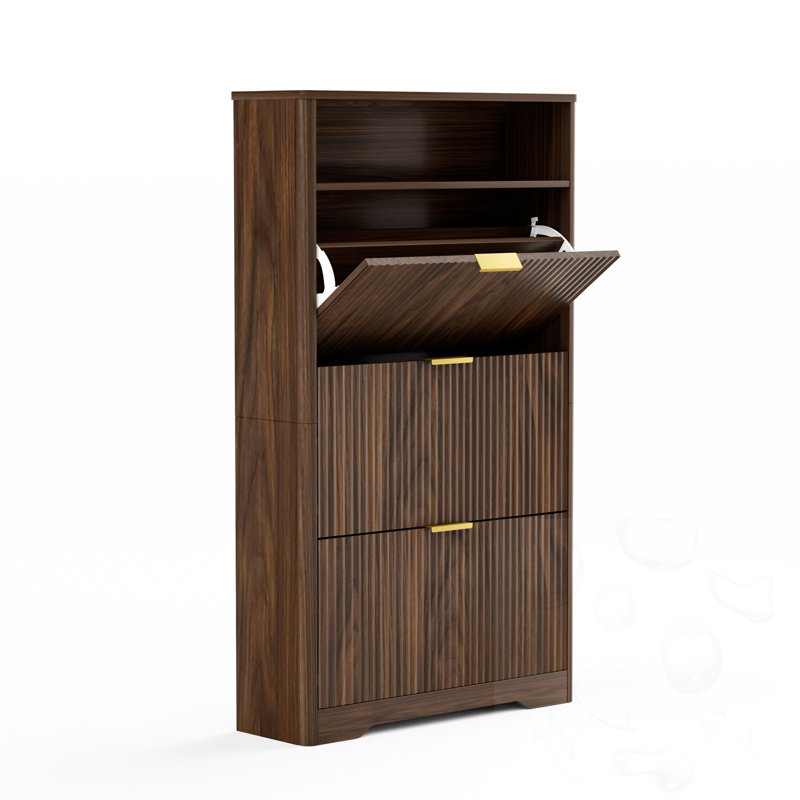 Shoe Storage With 3 Flip Drawer And Open Shelf, Walnut
