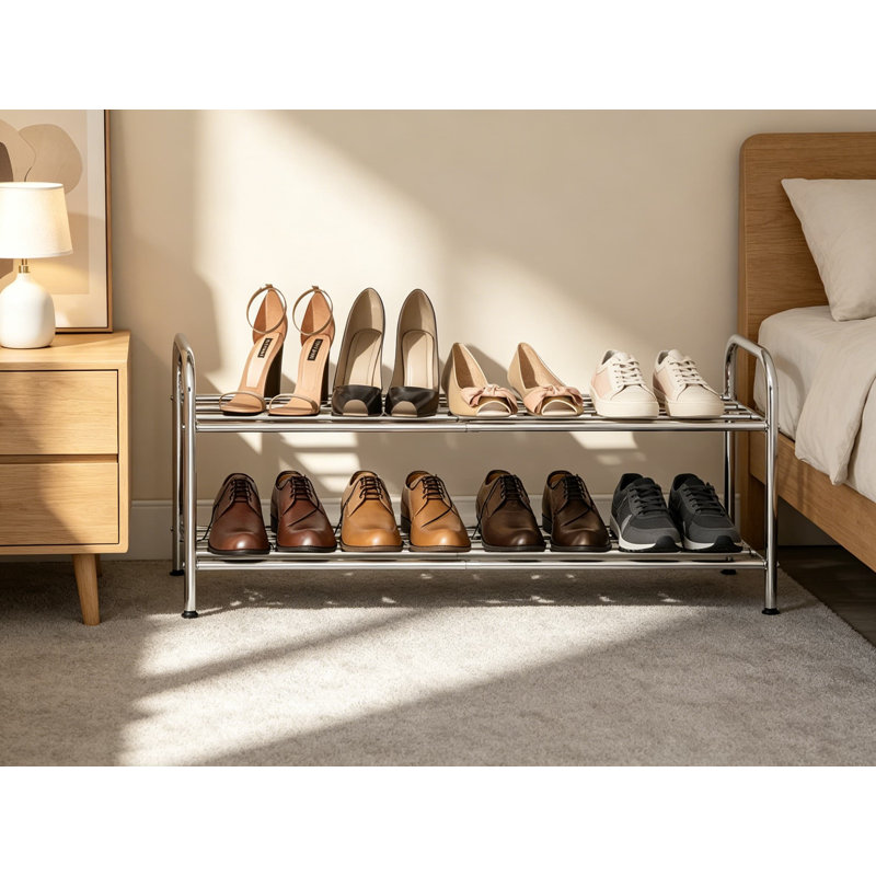 Range-chaussures extensible à 2 niveaux en acier inoxydable, longueur réglable de 15 à 27 pouces, conception à 4 tiges avec pieds de nivellement, tablette peu encombrante pour la salle de lavage du vestibule
