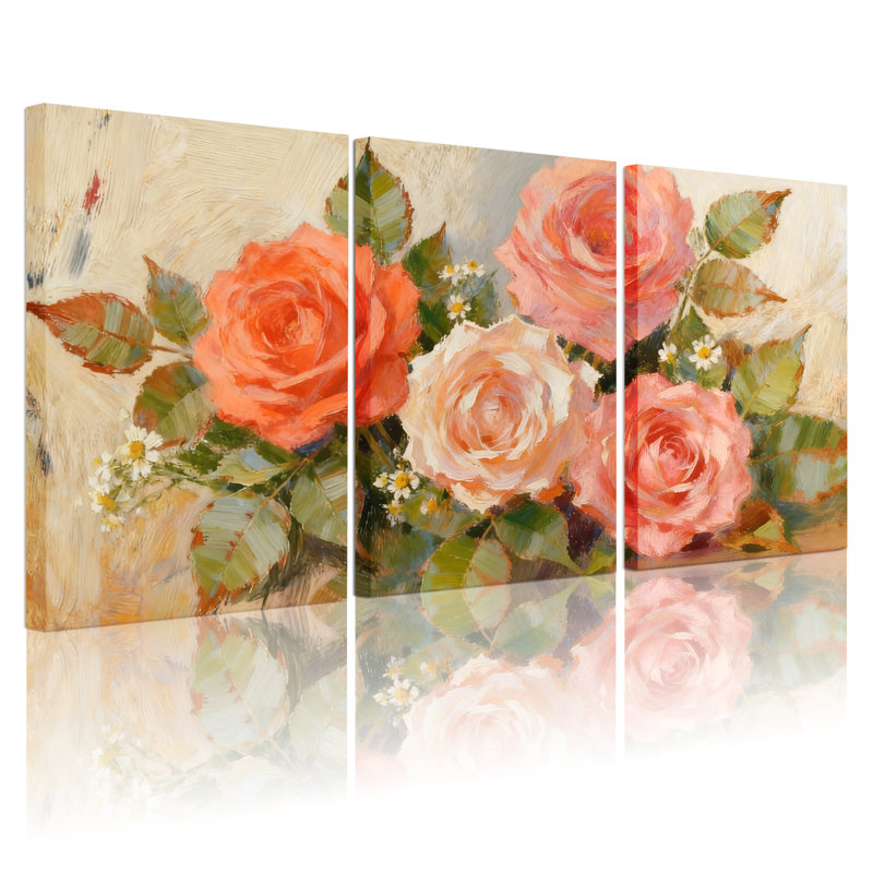 Ensemble de 3 reproductions d'art sur toile, roses et feuilles, H 30 po x l 60 po