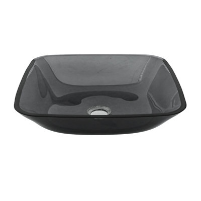 Bathroom Vessel Bathroom Sink Above Counter Grey Bowl Square Sink For Bathroom, Tempered Glass Vessel Sink With Pop-Up Drain (No Faucet)