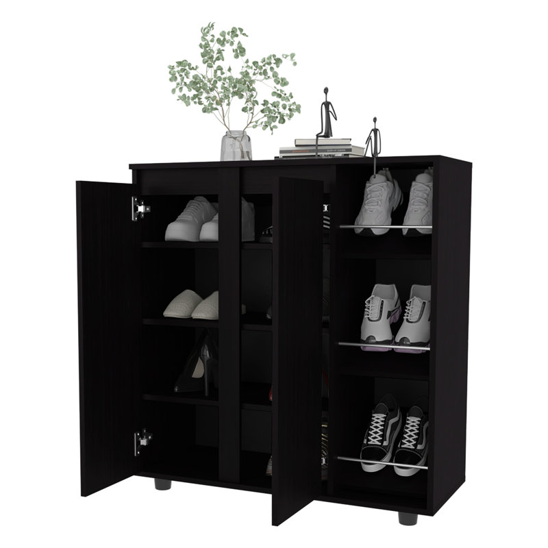 Étagère à chaussures compacte à 3 niveaux pour bottes, chaussures et chapeaux, panneau de particules, fini blanc dans un porte-accessoires de style moderne, design, espaces de vie principaux