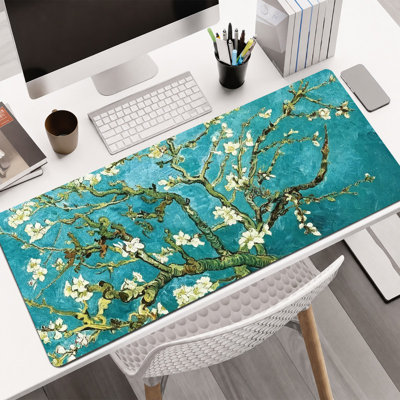  Tapis de souris en caoutchouc, surface en microfibre lisse, base antidérapante, tapis de souris décoratif à bord arrondi pour le bureau et les jeux, 16 po x 36 po, peinture à l'huile Blue Blossom