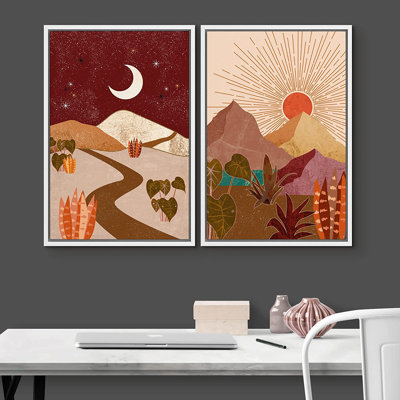 IDÉE4WALL, reproduction d'art sur toile encadrée, lune et soleil, désert, sud-ouest, paysages, nature sauvage, illustrations, art moderne, rustique décoratif pour le salon, la chambre à coucher, bureau, 16 po x 24 po x 2 po blanc