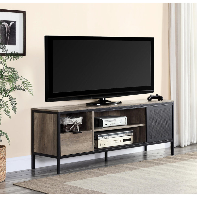 Meuble télé de 55 pouces avec finition en chêne rustique et design en métal noir, 1 tiroir, 4 compartiments de rangement pour 50 téléviseurs à écran plat et 4 téléviseurs