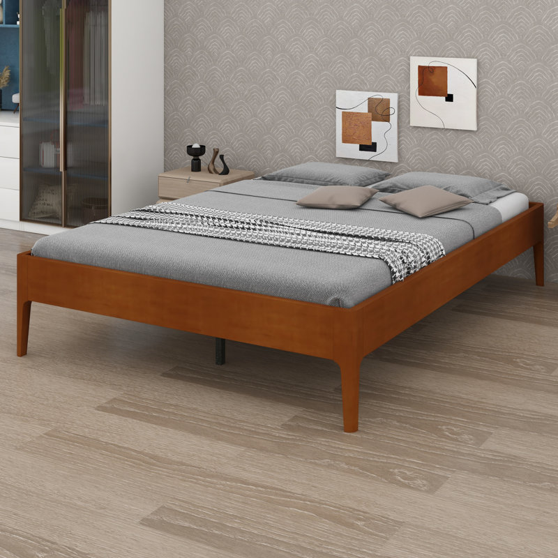 Lit plateforme contemporain avec lattes et support, Brun, Double