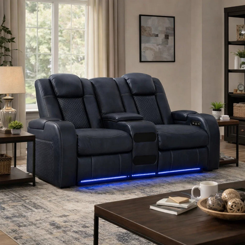 Causeuse inclinable électrique en similicuir de 74 po Fynne, Bleu saphir