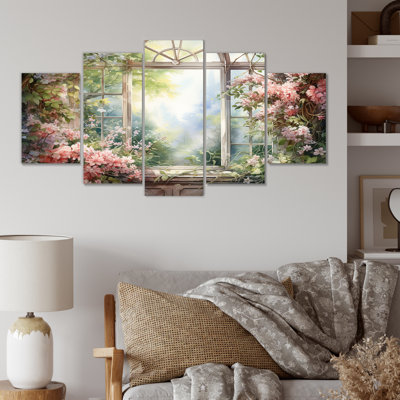 'Pink Blossoming Country Window Gaze II - Window Multipanel Wall Art Decor