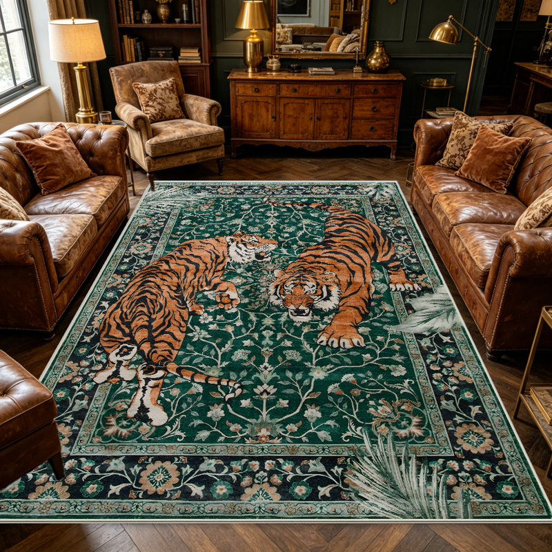 Green Tiger area rugs for Living Room, Soft and Comfortable, Suitable for all seasons, easy to maintain, machine washable Indoor floor mat, Under Table Farmhouse suitable for Bedroom, Dining Room, Study, Patio, Balcony, Home Decor