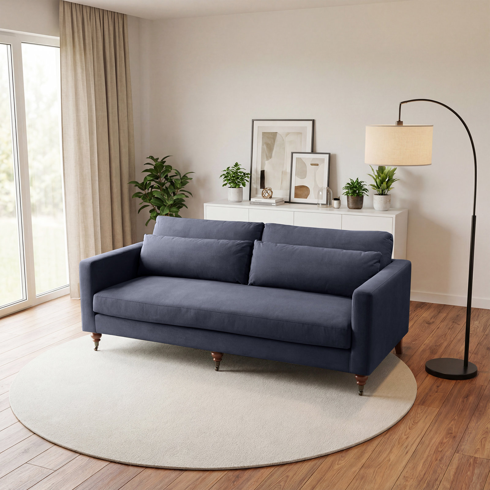 Lena 84" Wide Track Arm Sofa With Castor Legs, Navy Blue
