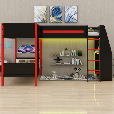 Lit superposé en L avec lit mezzanine, bureau intégré, tablettes et DEL