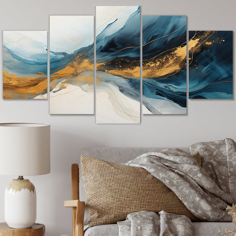 «Subtle Sensations Nova» aquarelle bleue et dorée - décoration murale abstraite - 5 panneaux