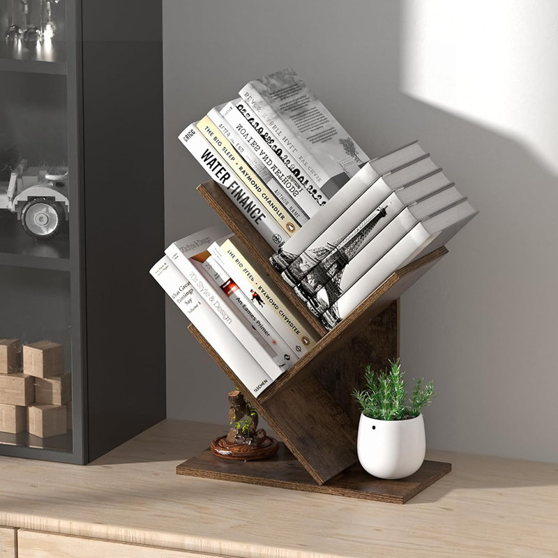 Bibliothèque d'arbre, étagère de rangement pour livres, (3 tablettes) H 4 po x l 16 po x P 7 po, Brun
