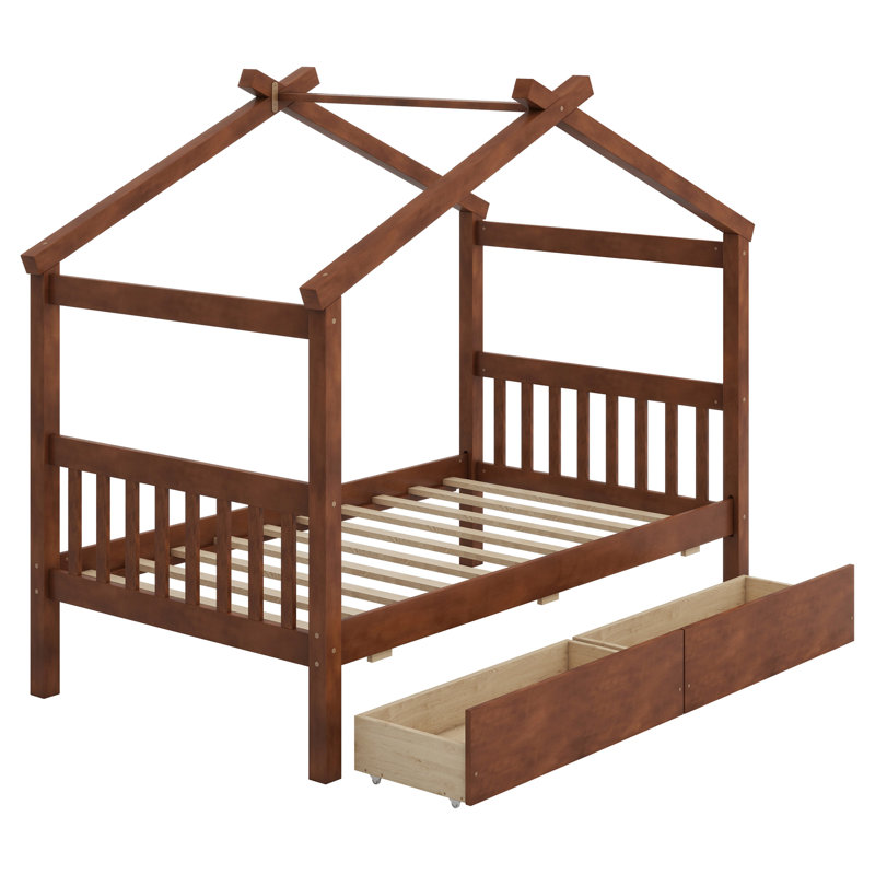 Wooden House Bed with Drawers, Walnut