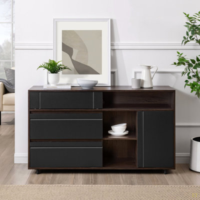 Buffet contemporain à portes détaillées avec rangement ouvert - Solide