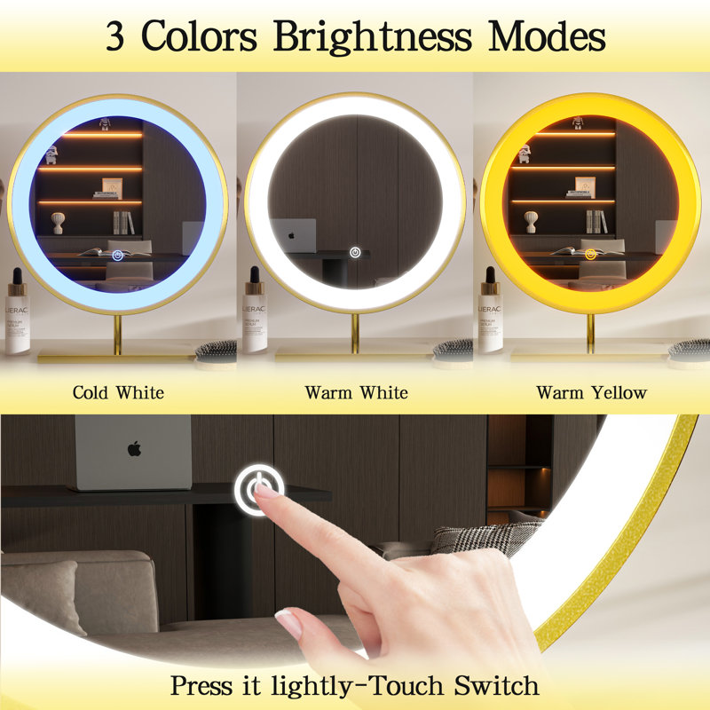 Make Up Round LED Mirror,Touch Swith Standing Vanity Mirror, Gold