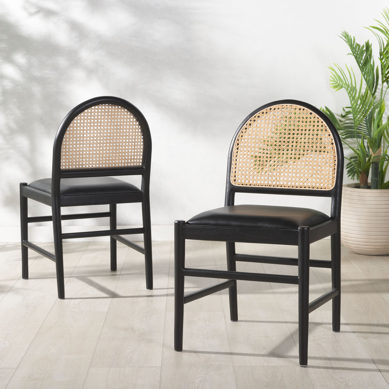 Ottavia Rattan And Leather Dining Chair, Black Leather, Black