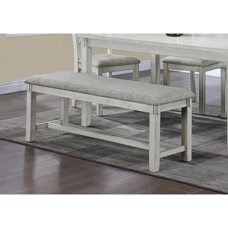 1Pc Driftwood Finish Standard Height Bench Gray White Fabric Upholstered Seat Cushion Tapered Legs Contemporary Transitional Style Dining Room Wooden Furniture