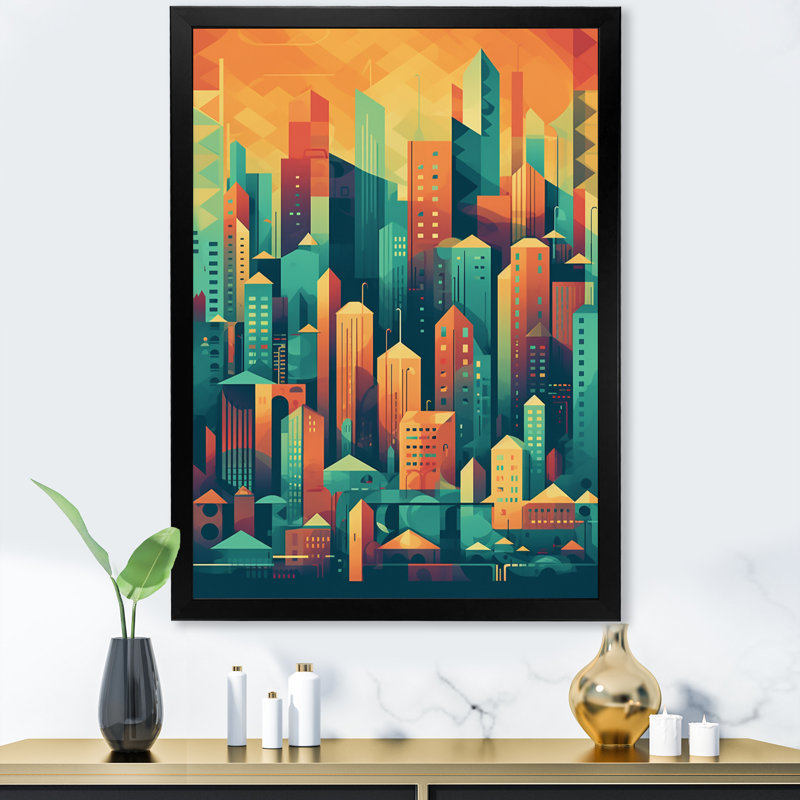 Lynkin " Blue And Orange Retro Cityscape II ", Black Picture Framed, 40" H x 30" W x 1.5" D