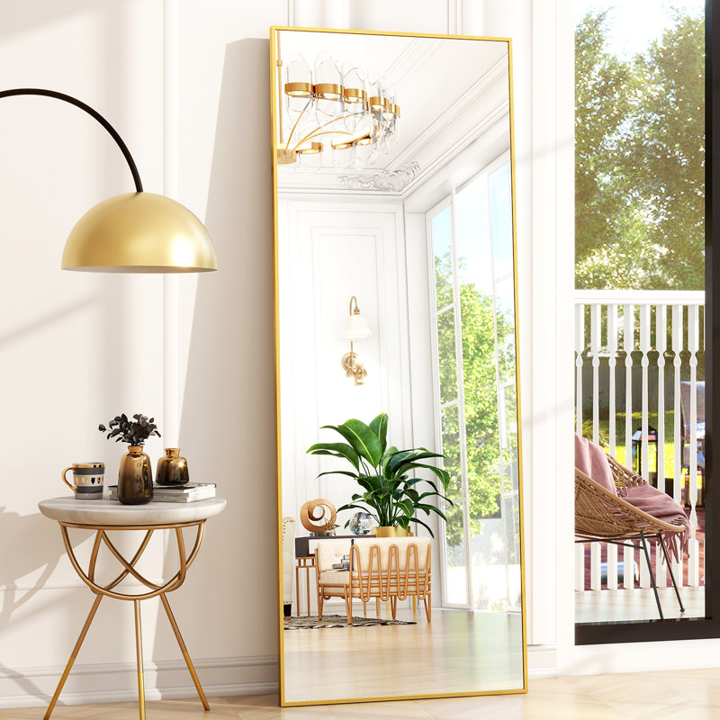 Shatterproof Aluminum Rectangle Full Length Mirror with Stand - Basics by Wayfair™, Gold, 64" H x 21" W
